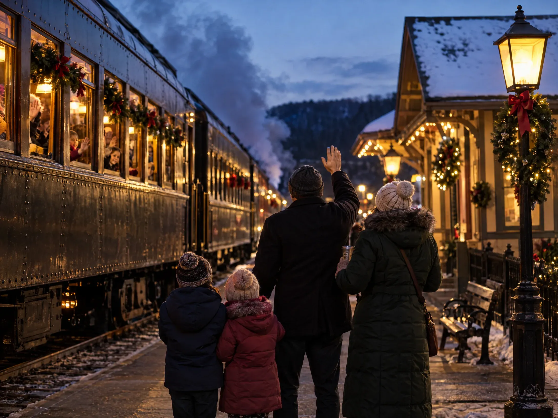 Family waving beside a warmly lit holiday excursion train