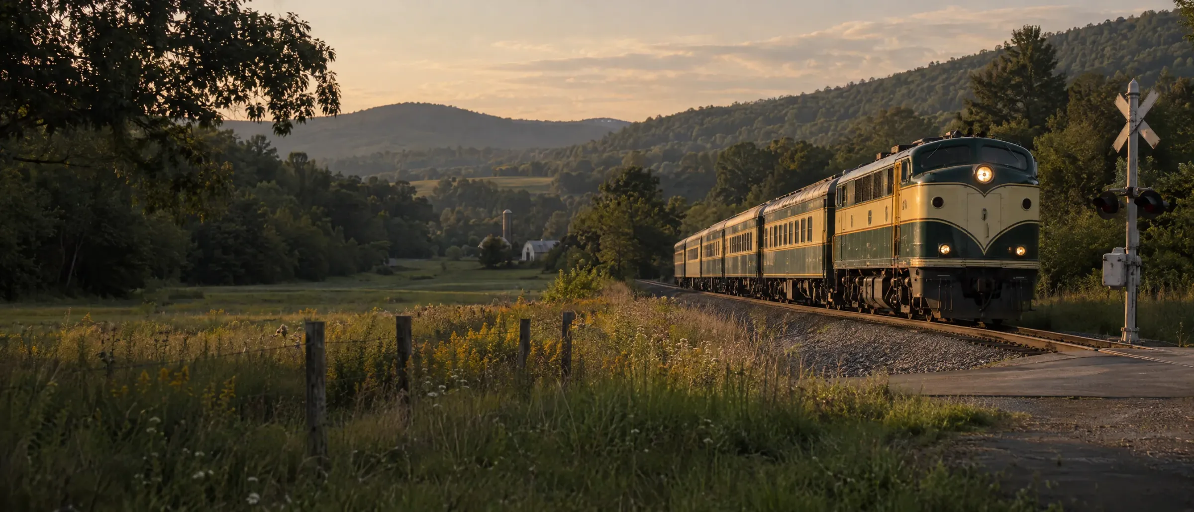 Vintage passenger train traveling through rolling countryside near a rural crossing