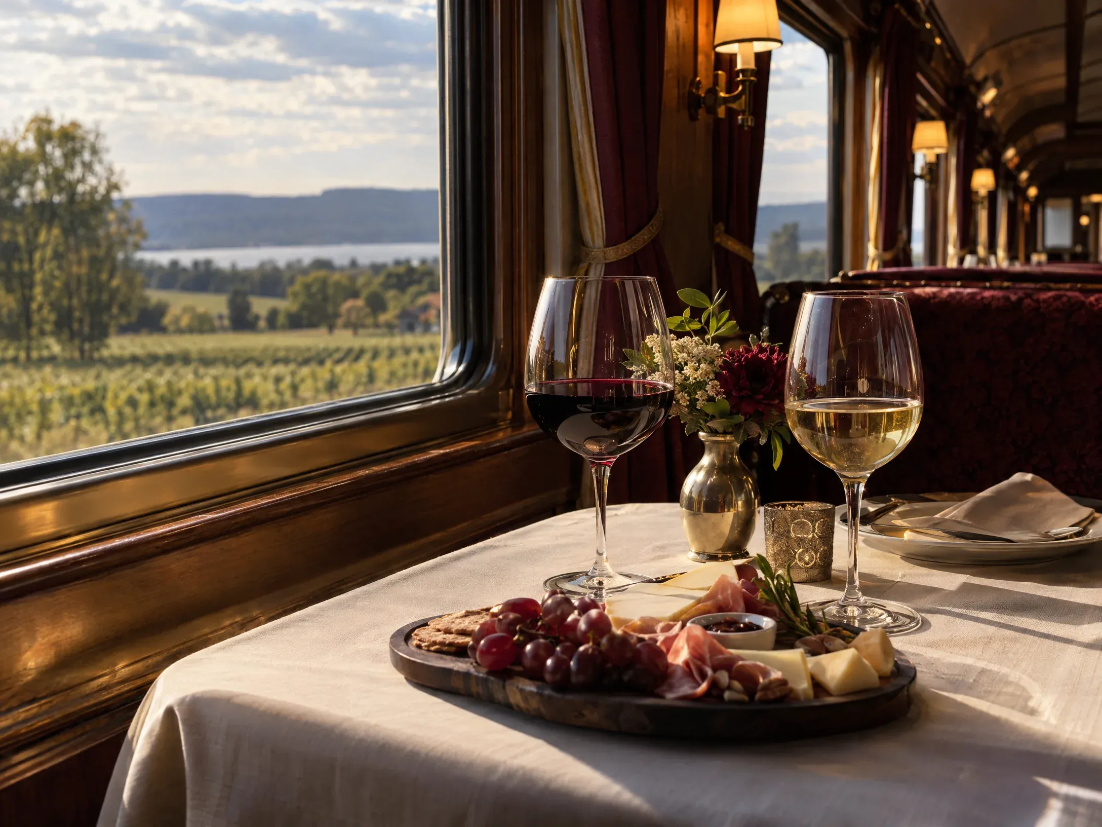 Wine and charcuterie beside a vintage train window